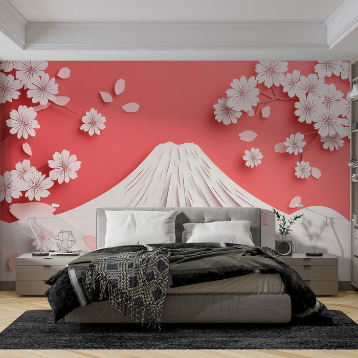 Une chambre moderne avec un papier peint représentant le Mont Fuji en relief sur fond rose, entouré de fleurs de cerisier blanches, créant une ambiance apaisante et poétique.