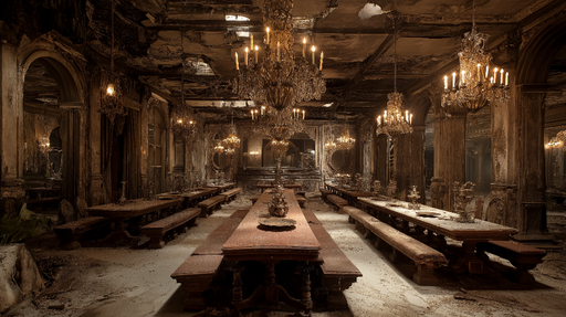 Papier peint salle de banquet Un intérieur ancien et mystérieux avec des chandeliers étincelants