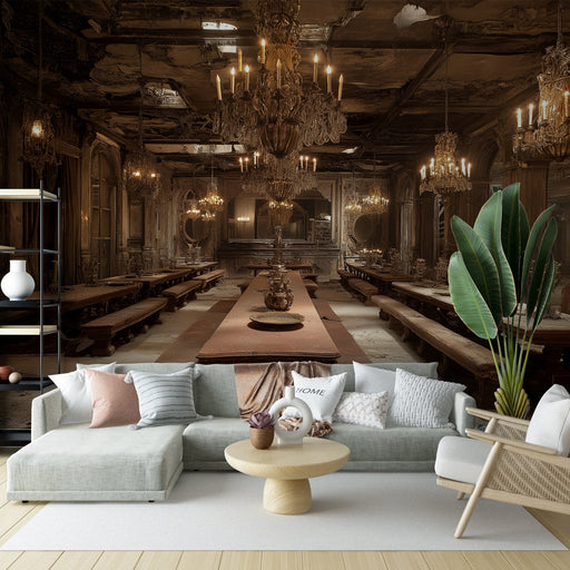 Un salon élégant avec un papier peint représentant une salle à manger baroque aux teintes sombres et dorées, créant une atmosphère mystérieuse et opulente.
