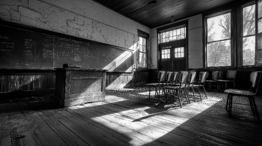 Papier peint salle de classe vintage Ambiance nostalgique avec chaises en bois et lumière naturelle