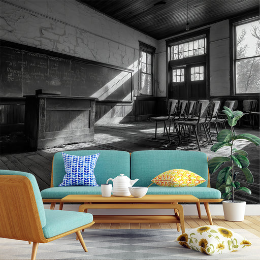 Une salle de classe avec un papier peint en noir et blanc représentant un intérieur ancien, évoquant une atmosphère nostalgique et intemporelle.