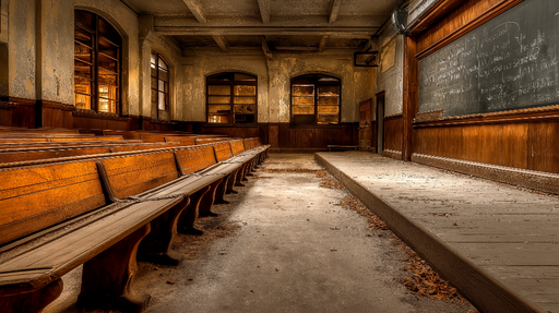 Papier peint salle de classe vintage Salle de classe poussiéreuse avec des bancs en bois et un tableau noir