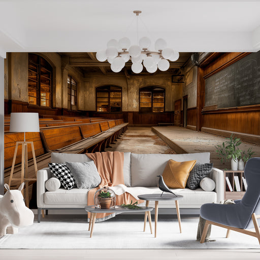 Une pièce de vie moderne avec un papier peint représentant une salle de classe vintage aux murs patinés et aux bancs en bois, créant une atmosphère nostalgique et chaleureuse.