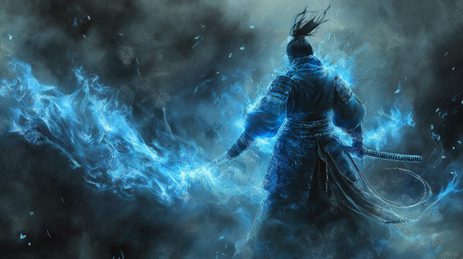 Papier peint samouraï fantastique Guerrier lumineux entouré d'énergie azur