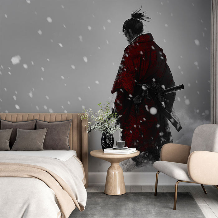 Une chambre moderne avec un papier peint illustrant un samouraï en rouge sur fond gris, créant une atmosphère mystérieuse et artistique.