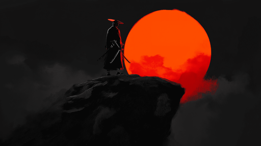 Papier peint samouraï Guerrier solitaire sous le soleil rouge