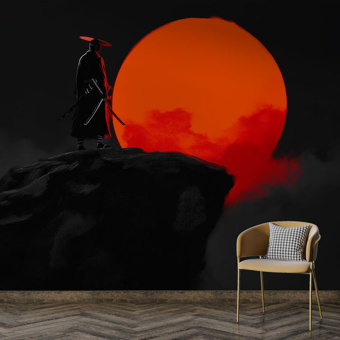 Une pièce contemporaine avec un papier peint représentant un samouraï en silhouette devant un soleil rouge vif, créant une atmosphère dramatique et inspirante.