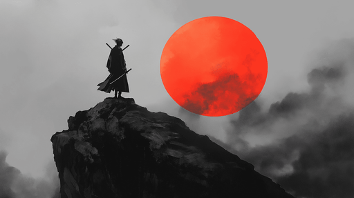 Papier peint samouraï Silhouette d'un guerrier sous un soleil rougeoyant
