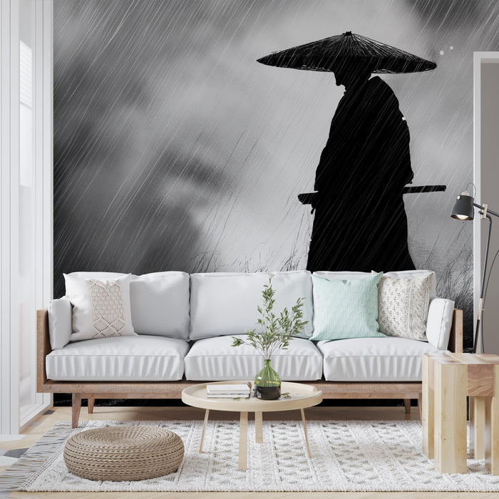 Une pièce moderne avec un papier peint en noir et blanc représentant une silhouette sous la pluie, créant une atmosphère mélancolique et poétique.