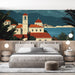 Papier peint Santorin avec église au bord de la mer et montagnes en toile de fond pour chambre moderne