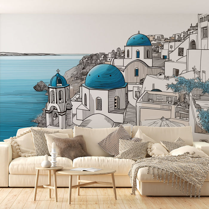 Un salon lumineux avec un papier peint illustratif représentant des maisons blanches et des dômes bleus sur fond marin, évoquant une ambiance méditerranéenne apaisante.