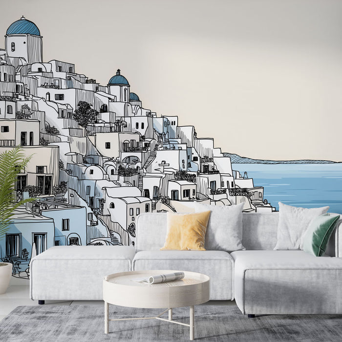 Un salon moderne avec un papier peint illustratif représentant des maisons blanches aux dômes bleus, évoquant une ambiance méditerranéenne et apaisante.