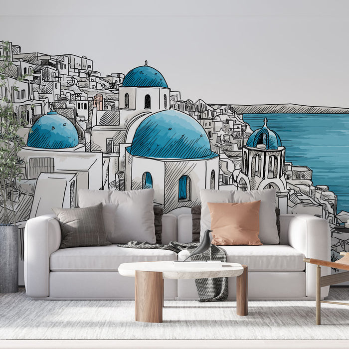 Un salon contemporain avec un papier peint illustratif représentant des maisons blanches et des dômes bleus évoquant une ambiance méditerranéenne et apaisante.