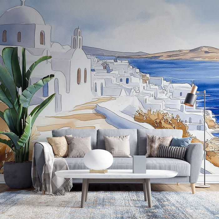 Papier peint Santorin | Vue des maisons blanches sur la mer bleue