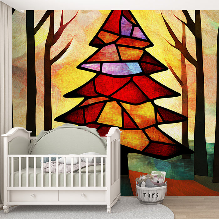 Papier peint sapin géométrique rouge dans une forêt colorée pour chambre d'enfant