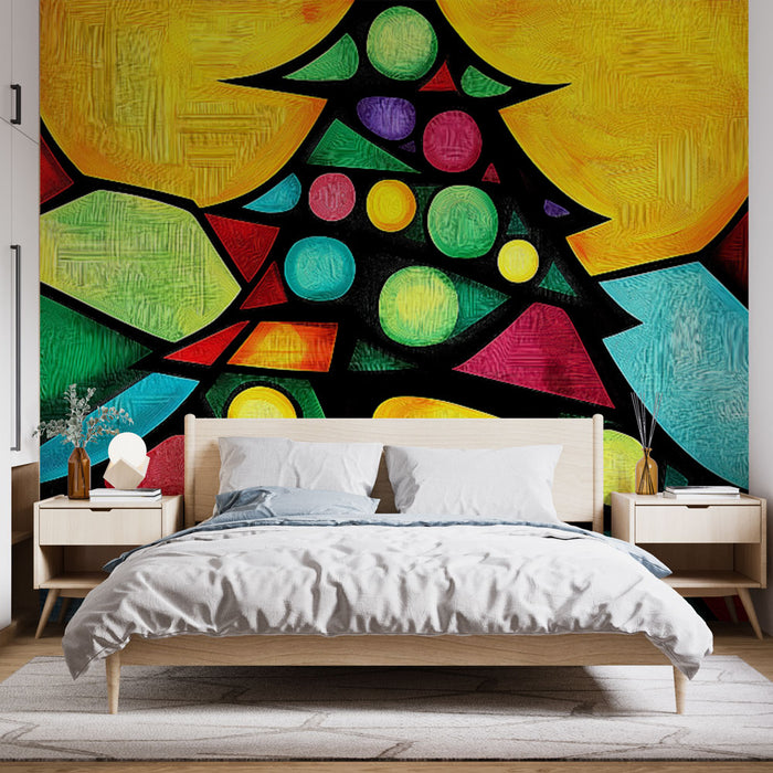 Papier peint design coloré avec motif sapin de Noël abstrait inspiré des vitraux pour chambre moderne