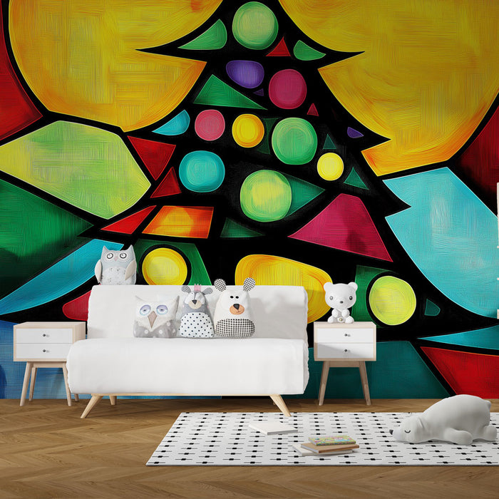 Papier peint sapin de Noël | Design coloré et abstrait inspiré des vitraux