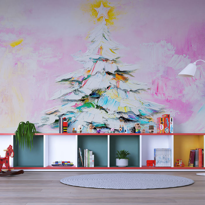 Papier peint sapin de Noël | Sapin décoré sur fond pastel rose