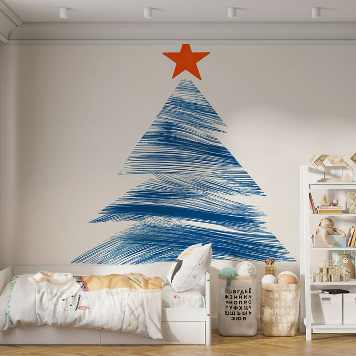 Papier peint sapin de Noël | Un sapin stylisé aux nuances de bleu et étoile orange