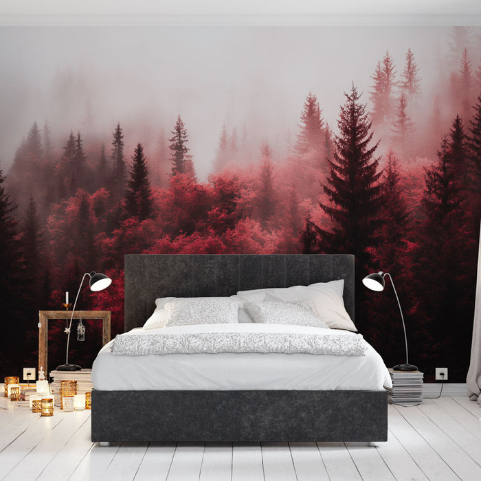 Une chambre moderne avec un papier peint représentant une forêt brumeuse aux teintes rouges et noires, créant une ambiance mystérieuse et apaisante.
