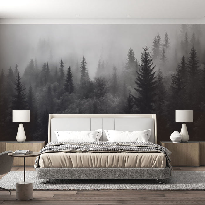 Une chambre moderne avec un papier peint représentant une forêt brumeuse en nuances de noir et gris, créant une atmosphère mystérieuse et apaisante.