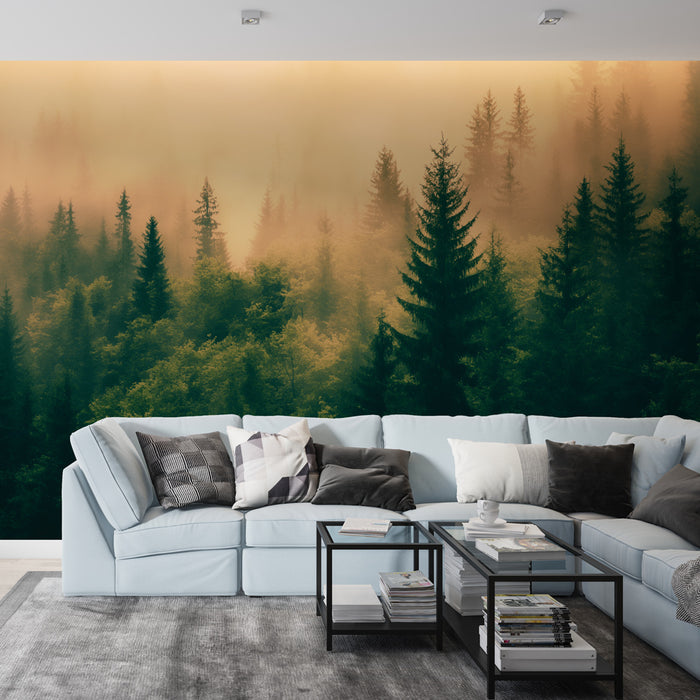 Un salon moderne avec un papier peint représentant une forêt brumeuse aux teintes vertes et dorées, créant une ambiance apaisante et naturelle.