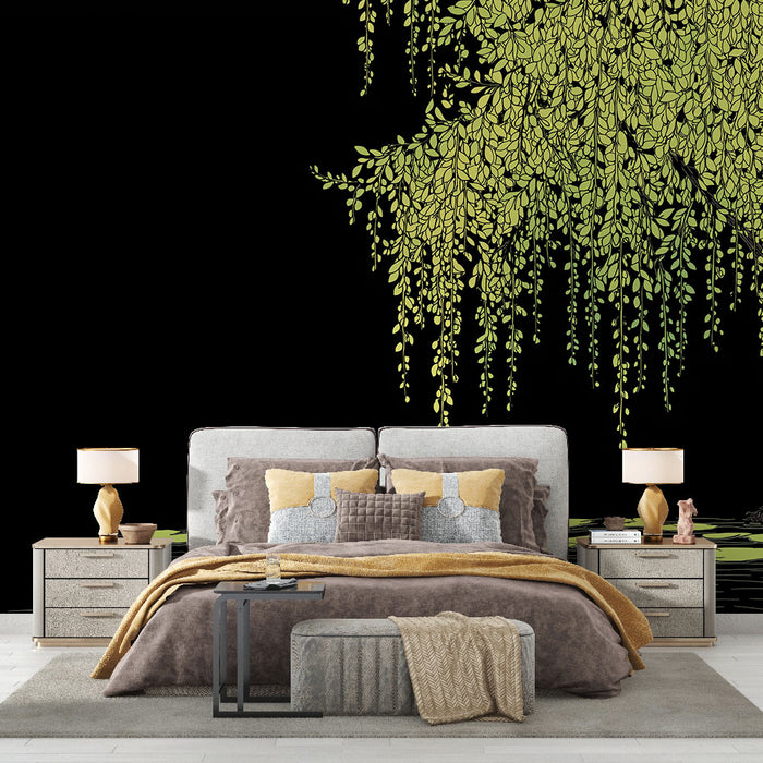 Une chambre moderne avec un papier peint noir orné de feuillage vert délicat créant une atmosphère apaisante et élégante.