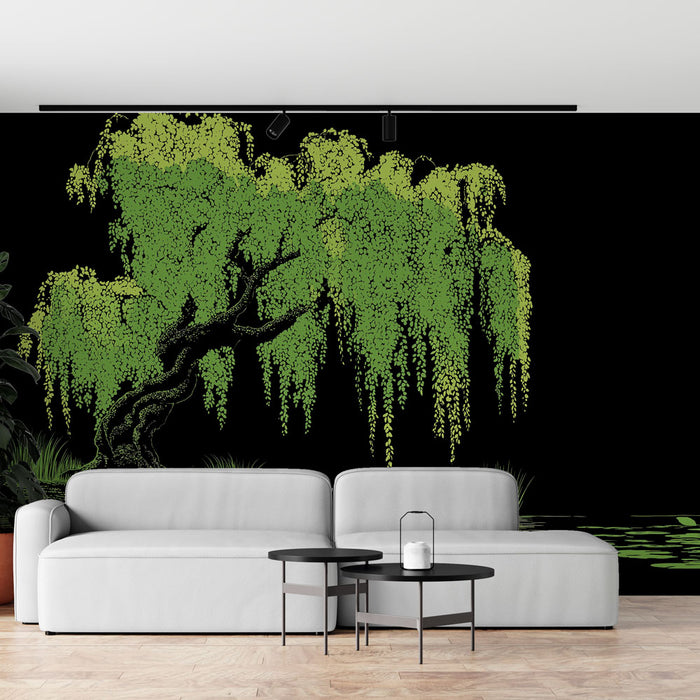 Un salon contemporain avec un papier peint représentant un saule pleureur aux feuillages verts éclatants sur fond noir, créant une atmosphère apaisante et élégante.