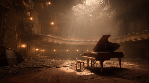 Papier peint scène de théâtre Grand piano et ruines d'un théâtre mystique