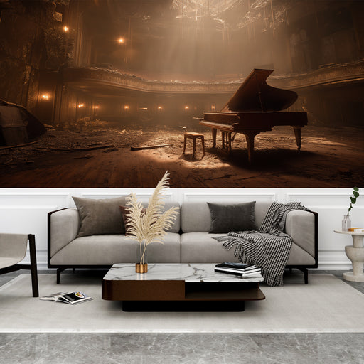 Une pièce élégante avec un papier peint représentant un ancien théâtre en ruine, baigné de lumière dorée, évoquant une atmosphère nostalgique et mélancolique.