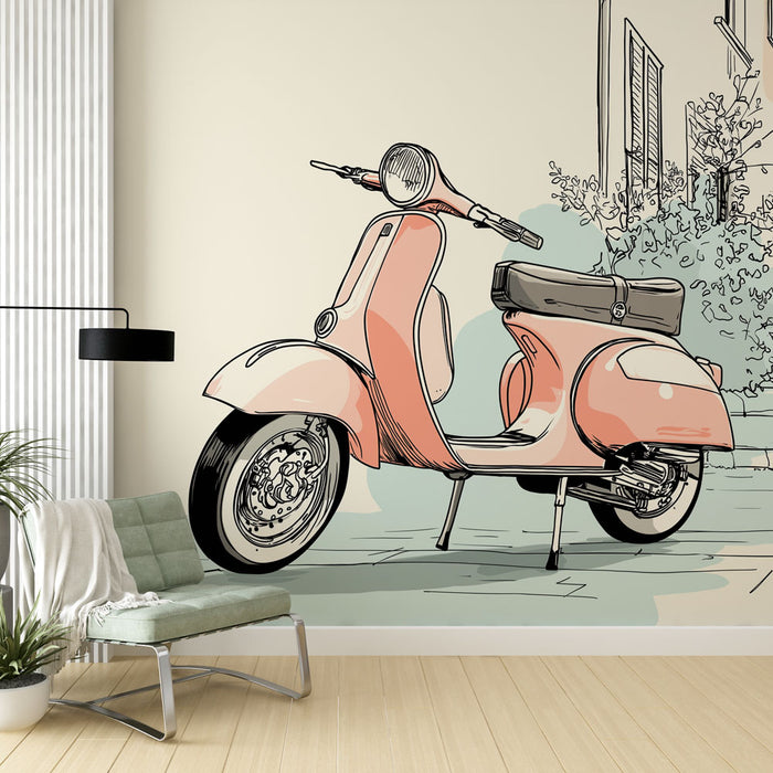 Une pièce moderne avec un papier peint illustrant un scooter vintage rose sur fond pastel, évoquant une ambiance nostalgique et dynamique.