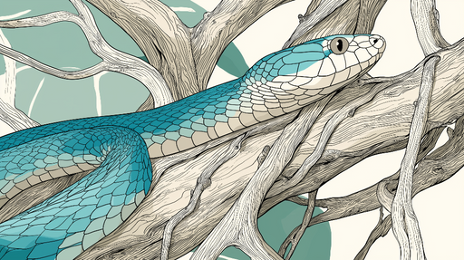 Papier peint serpent bleu Un serpent stylisé sur fond de branches et feuillage