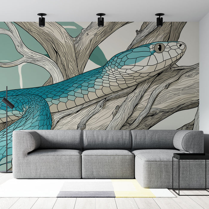 Un salon moderne avec un papier peint illustrant un serpent turquoise enroulé autour de branches grises, créant une ambiance artistique et audacieuse.
