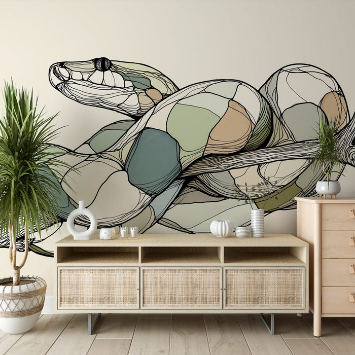 Une pièce moderne avec un papier peint représentant un serpent stylisé aux formes géométriques et aux teintes douces, créant une atmosphère artistique et apaisante.