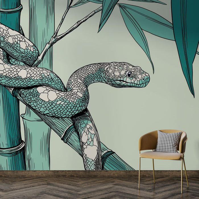 Une pièce moderne avec un papier peint illustrant un serpent turquoise enroulé autour de bambous, créant une atmosphère exotique et intrigante.