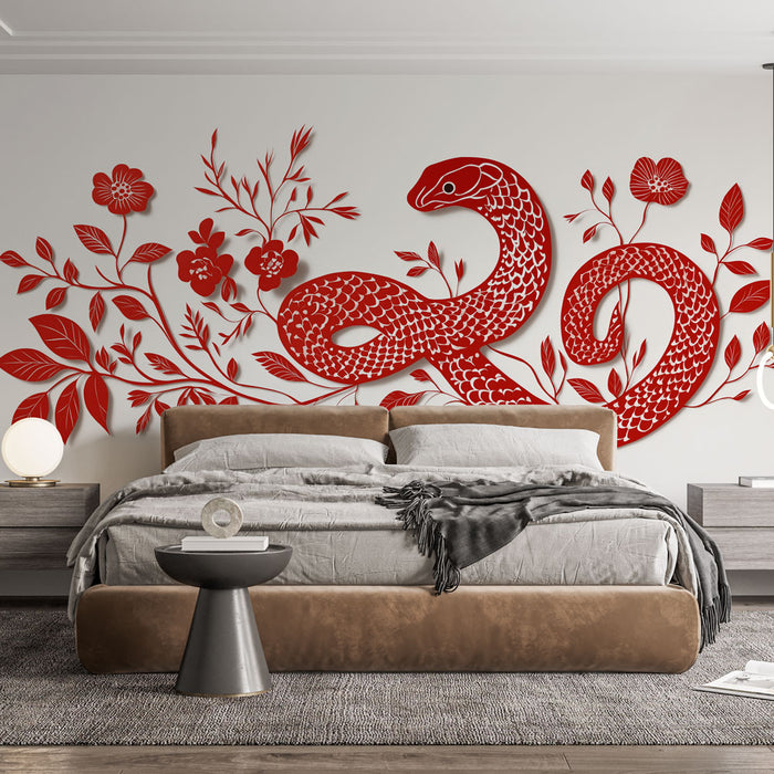 Papier peint design élégant avec serpents et motifs floraux rouges pour chambre moderne.