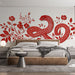 Papier peint design élégant avec serpents et motifs floraux rouges pour chambre moderne.