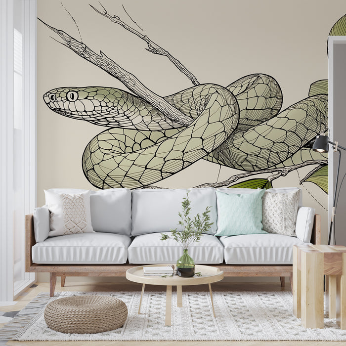 Un salon moderne avec un papier peint illustrant un serpent stylisé aux teintes vertes, évoquant une ambiance artistique et naturelle.