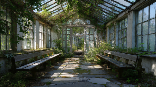 Papier peint serre en ruines Ambiance naturelle et verdoyante
