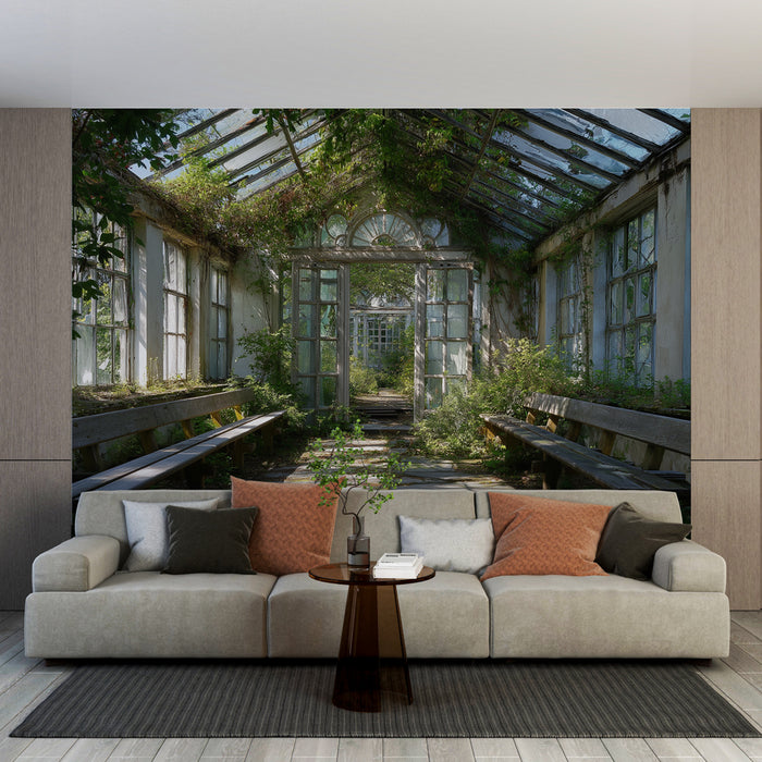 Une pièce de vie élégante avec un papier peint représentant une serre abandonnée, où la végétation luxuriante s'entrelace avec des structures en verre, créant une atmosphère nostalgique et apaisante.