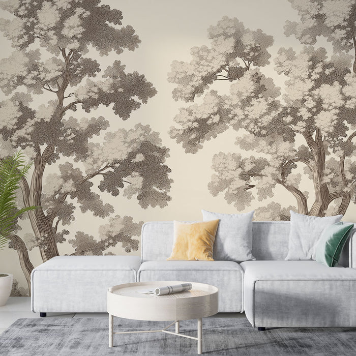 Papier peint shabby chic | Arbres stylisés en beige et brun