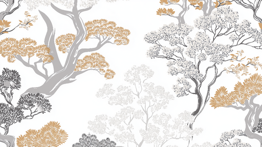 Papier peint shabby chic Arbres stylisés en or et gris sur fond blanc