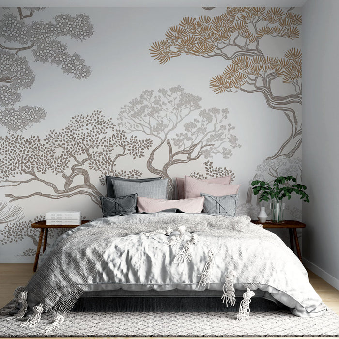 Papier peint shabby chic | Arbres stylisés en tons neutres et dorés