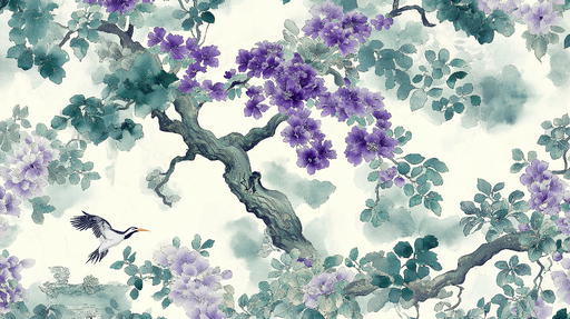 Papier peint shabby chic Branches florales violettes et feuillage délicat