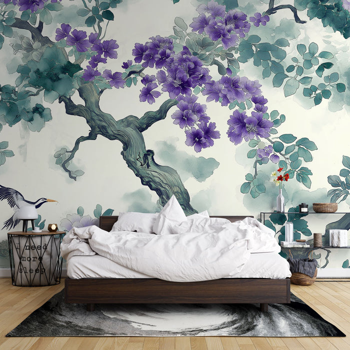 Papier peint shabby chic | Branches florales violettes et feuillage délicat