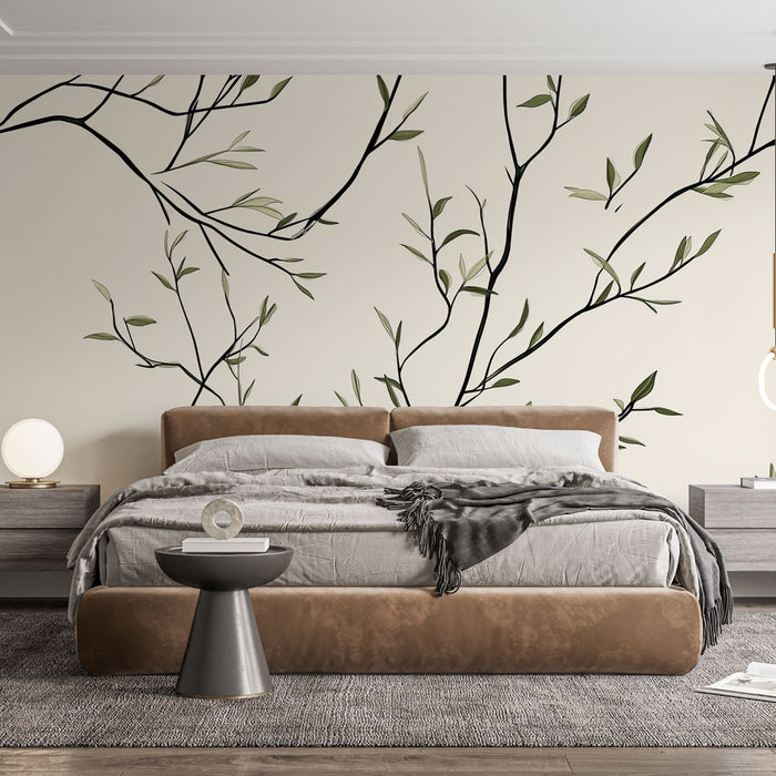 Une chambre moderne avec un papier peint représentant des branches délicates et des feuilles vertes sur fond crème, créant une atmosphère apaisante et naturelle.
