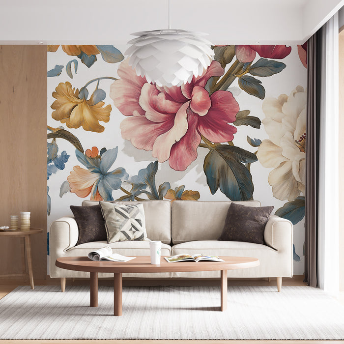 Un salon élégant avec un papier peint floral aux grandes fleurs roses et jaunes sur fond clair, créant une atmosphère chaleureuse et accueillante.