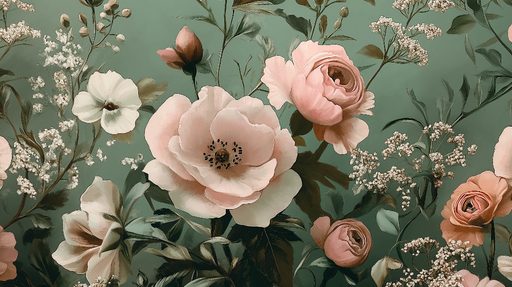 Papier peint shabby chic Éclat de fleurs roses sur fond vert apaisant