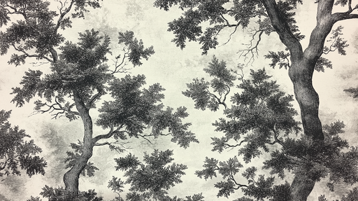 Papier peint shabby chic Éclat de nature avec motifs d'arbres en noir et blanc