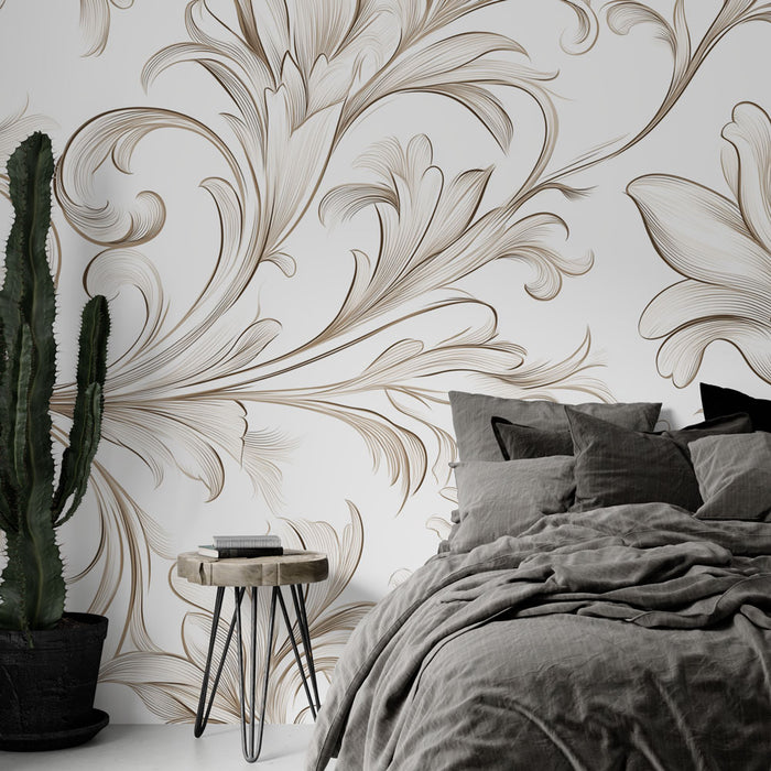 Une chambre élégante avec un papier peint floral aux motifs délicats beige et doré, créant une atmosphère chaleureuse et apaisante.